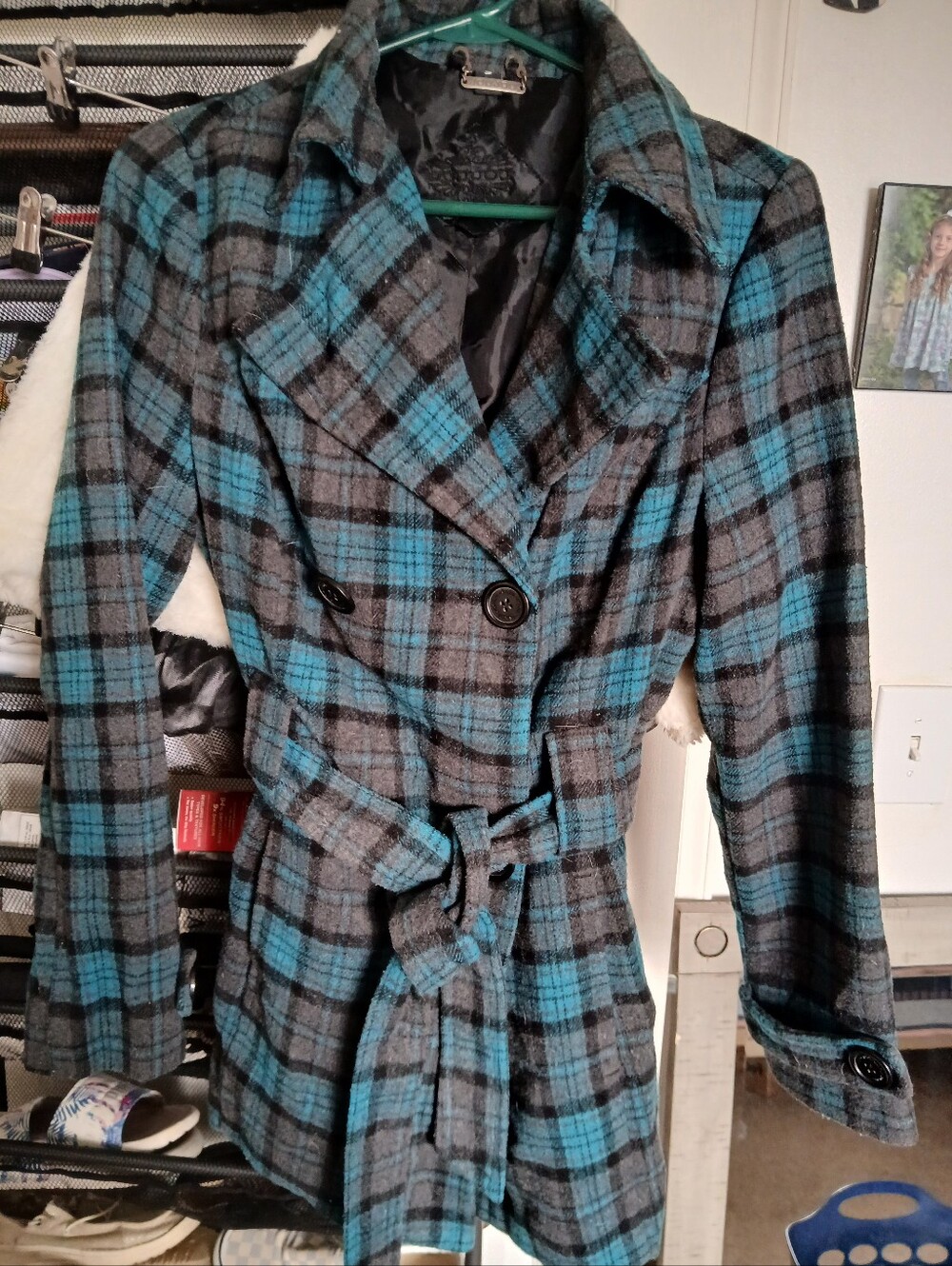 Jou Jou Teal & Gray Plaid Belted Trench Coat
